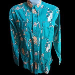 Vintage Men's Western Shirt Medium Panhandle Slim Button-Up Turquoise Printed